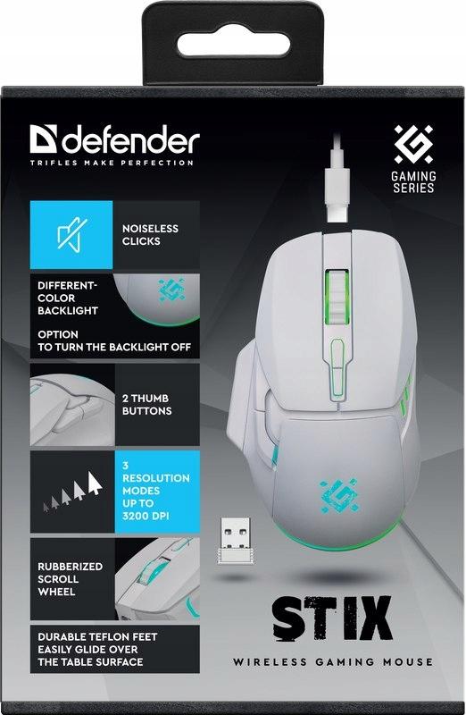 Wireless Mouse Defender STIX GM-009 Optical 3200dpi White RGB RECHARGEABLE 7 Buttons Gaming Clickless Silent