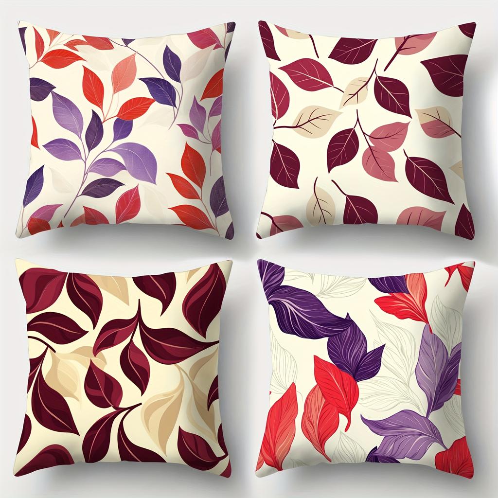 4Pcs Double-Sided Printed Pillow Covers, Red Purple Botanical Art Decorative Throw Pillow Cases, Fall Home Decor Cushion Covers