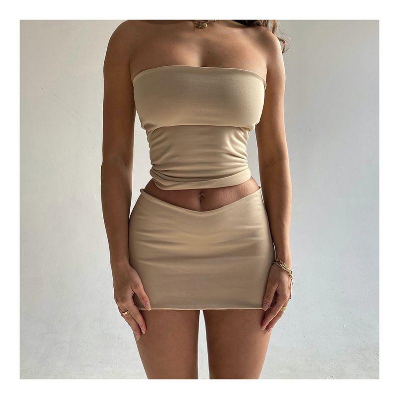 

Kkx Fashion Летний Уличный Сладкий и Острый Модный Кроп-Топ без Бретелей с Обернутой Грудью Однотонный Сексуальный Темперамент Юбка с Бедрами Костюм Apricot color M