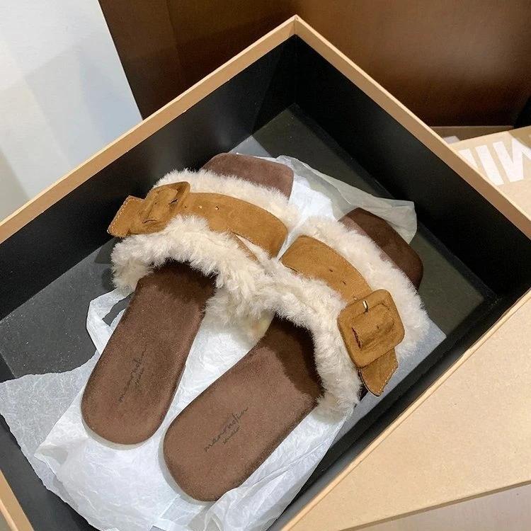 Módní domácí pantofle 2025 Látkové Řím Základní Guma PU Dámské boty Ženy Flock Měkké Plyšové Ploché Platforma Kožešinové boty Nazouváky Střední Pantofle