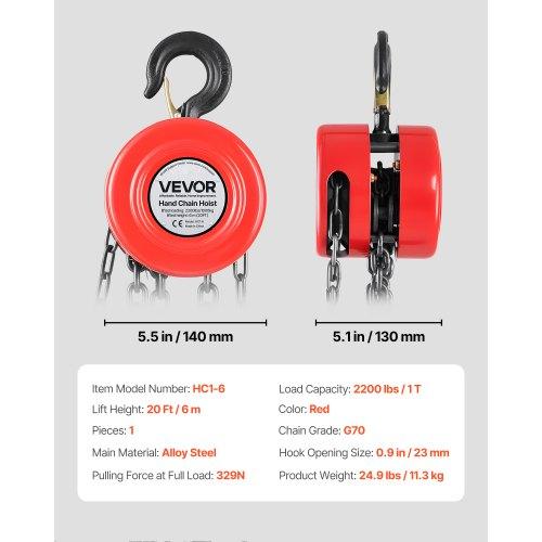 VEVOR Hand Chain Hoist, 1 Ton Capacity, Manual Chain Block with Upgrade G70 Galvanized Chain, 6 M Lifting Height