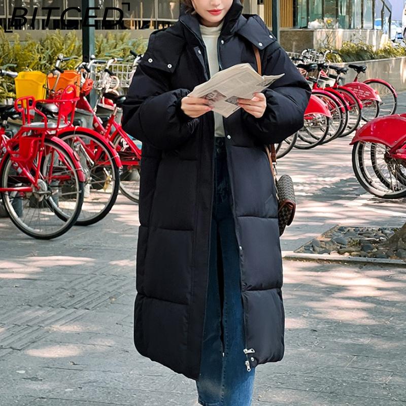 BITCED Women's Long Winter Coat - Knee-Length, Loose-Fit Down Jacket, Thickened Cotton-Padded Coat
