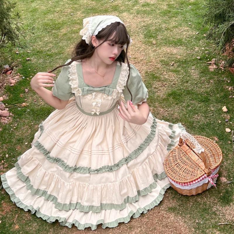 Platycodon Manor Diseño Vestido Lolita Estilo Pastoral Op Vestido de Manga Corta
