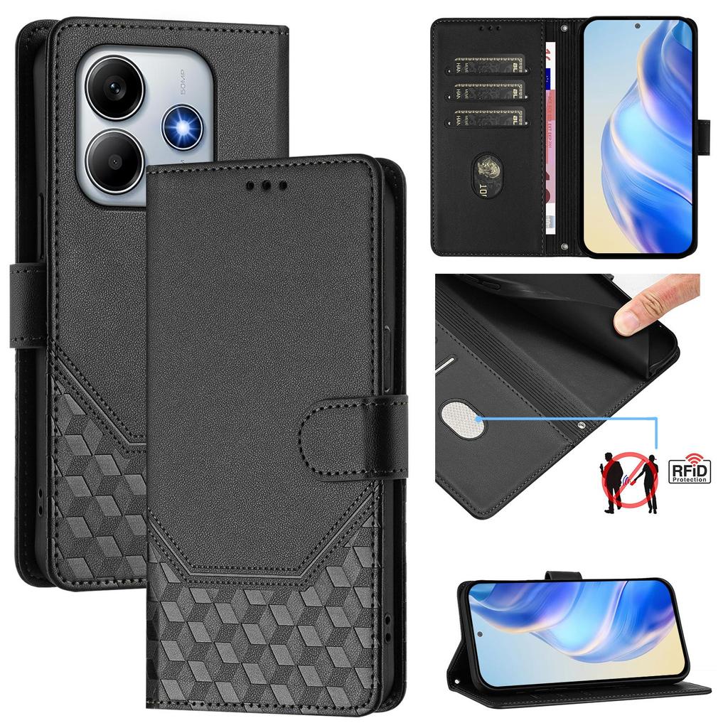 For Xiaomi Redmi Note 14 5G Case Imprinted Honeycomb RFID Blocking Leather Phone Cover with Strap