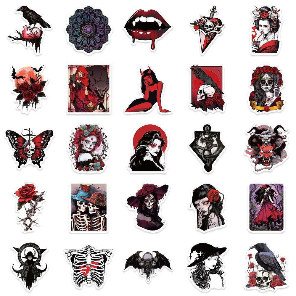 50 Horror Gothic Demon Stickers In Dark Red and Black Punk Style for Halloween Party Decoration.