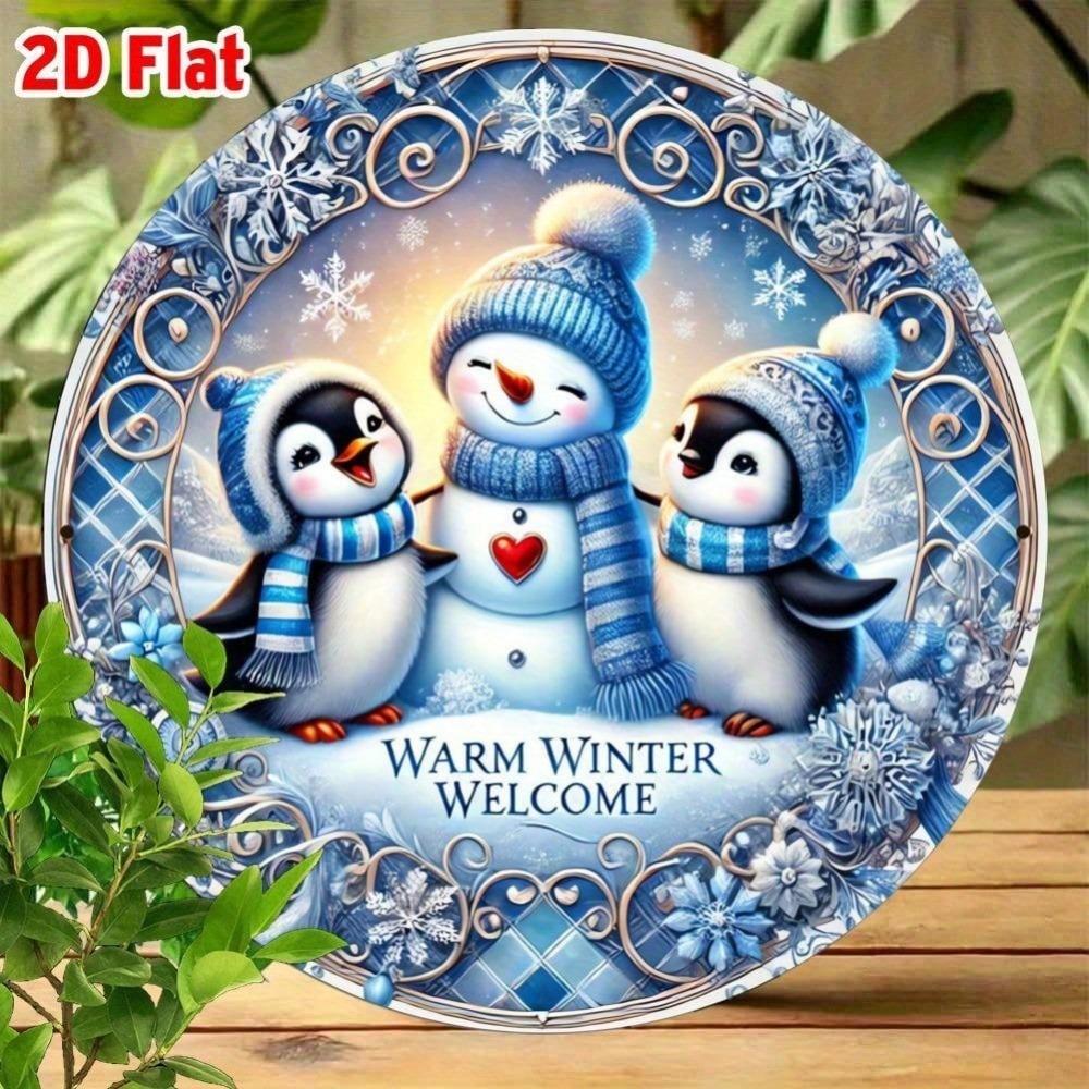 Vintage Blue Snowflake Wreath Metal Sign Penguins Heart Design Round Aluminum Wall Art Holiday Home Decor
