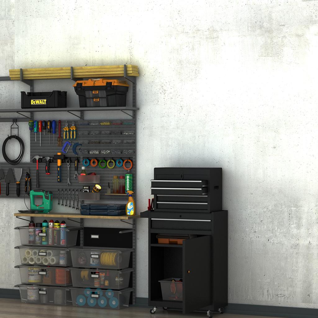 Tool Chest 2 in 1 Metal Tool Cabinet Storage Box with 5 Drawers Pegboard Wheels 60x28x104.5cm Black