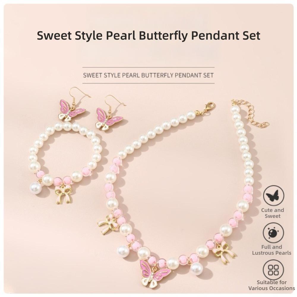 Pink Pearl Beaded Necklace Hand Chain Sweet Style Ear Pendants  Children's
