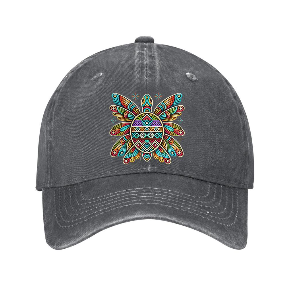 Colorful Tribal Turtle Baseball Cap Washed Denim Dad Hat Adjustable Outdoor Sun Protection Unisex