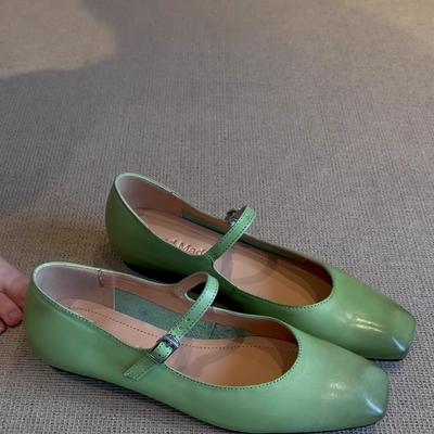Version peau de mouton~ Chaussures Mary Jane rétro françaises pour femmes à talon plat, chaussures simples à bout carré, bouche légère, polyvalentes avec nœud, chaussures en cuir