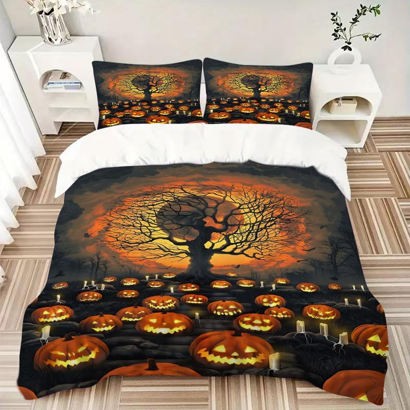 3pc Halloween Pumpkins Cover Set - 1 Quilt Cover + 2 Pillowcases, All Seasons Bedroom Setting, Perfect for Home023