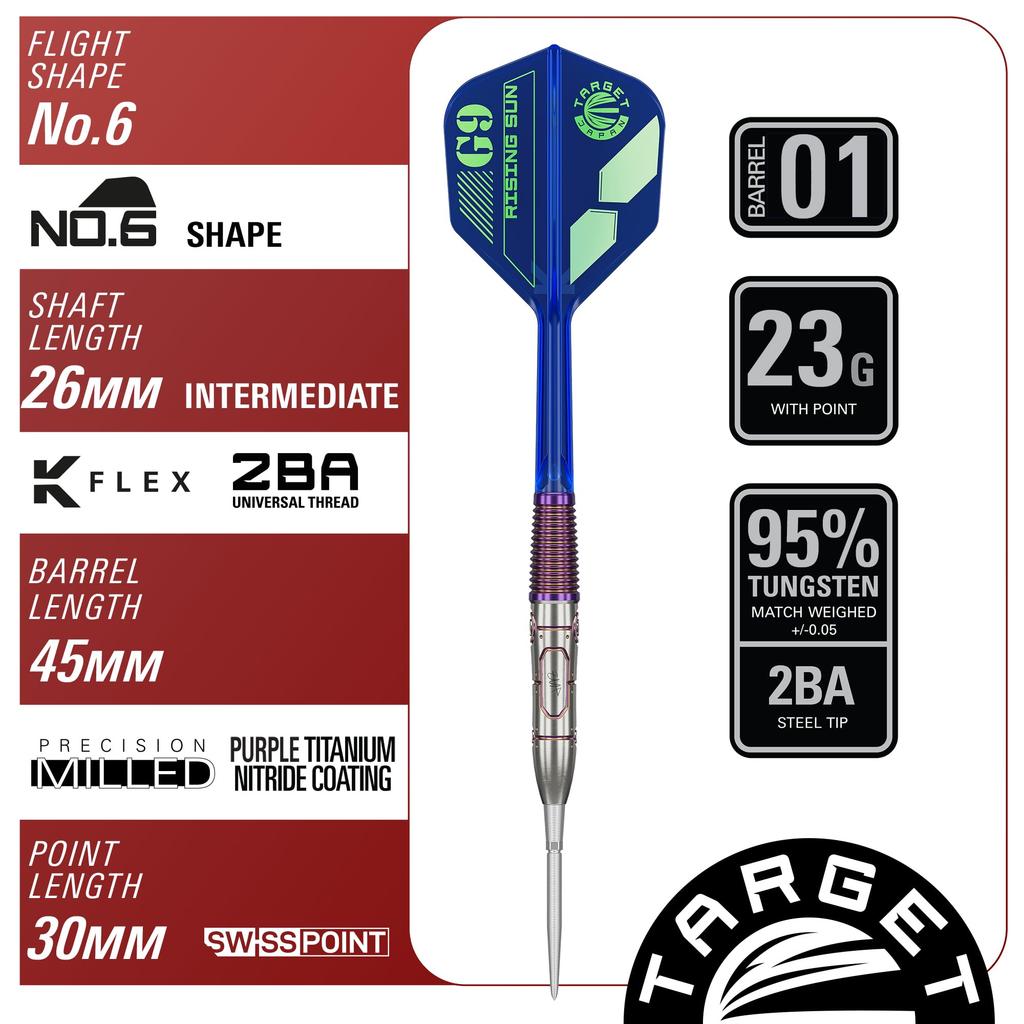 Target Japan Rising Sun G9 95% Tungsten Steel Tip Darts Set 23g K-Flex No.6 Shape Flights and Shafts Swiss Nano Point 30mm Haruki Muramatsu