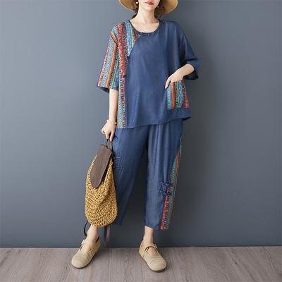 DIMANAF Plus Size Pants Suits Women Sets Suits Loose Tops Shirts Long Pants Cotton Vintage Casual Clothing Summer