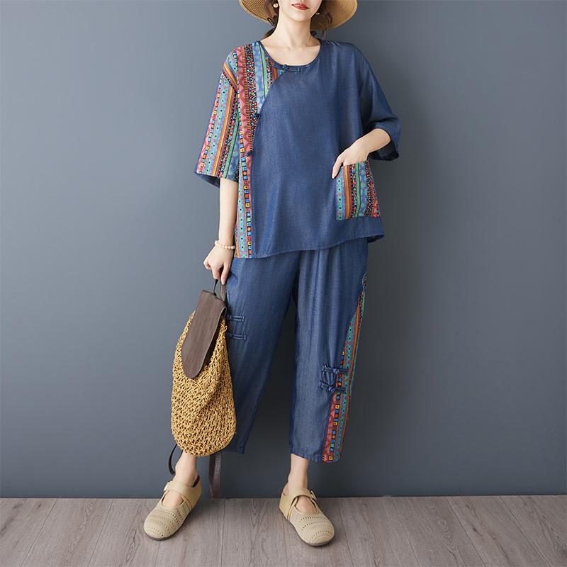 DIMANAF Plus Size Pants Suits Women Sets Suits Loose Tops Shirts Long Pants Cotton Vintage Casual Clothing Summer