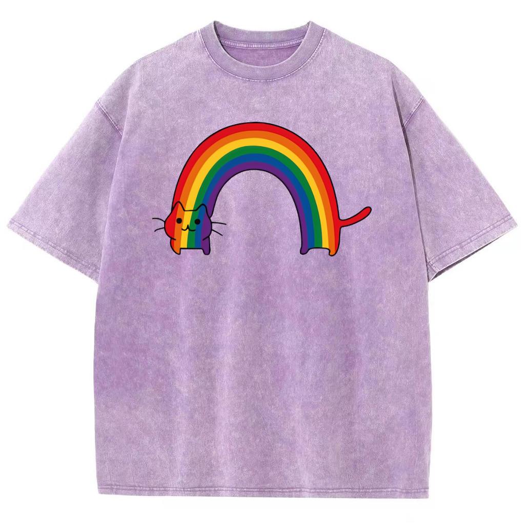 Cartoon Funny Style Rainbow Cat Print Women's T-Shirt Fashion Simple And Cute Short Sleeve Wash Loose Retro Crew Neck