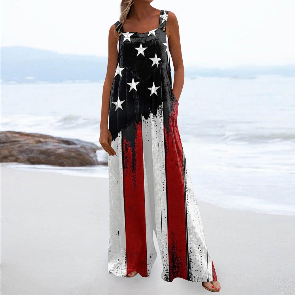 Damenmode Strampler Print Lässig Lose Vintage Overalls Mit Taschen