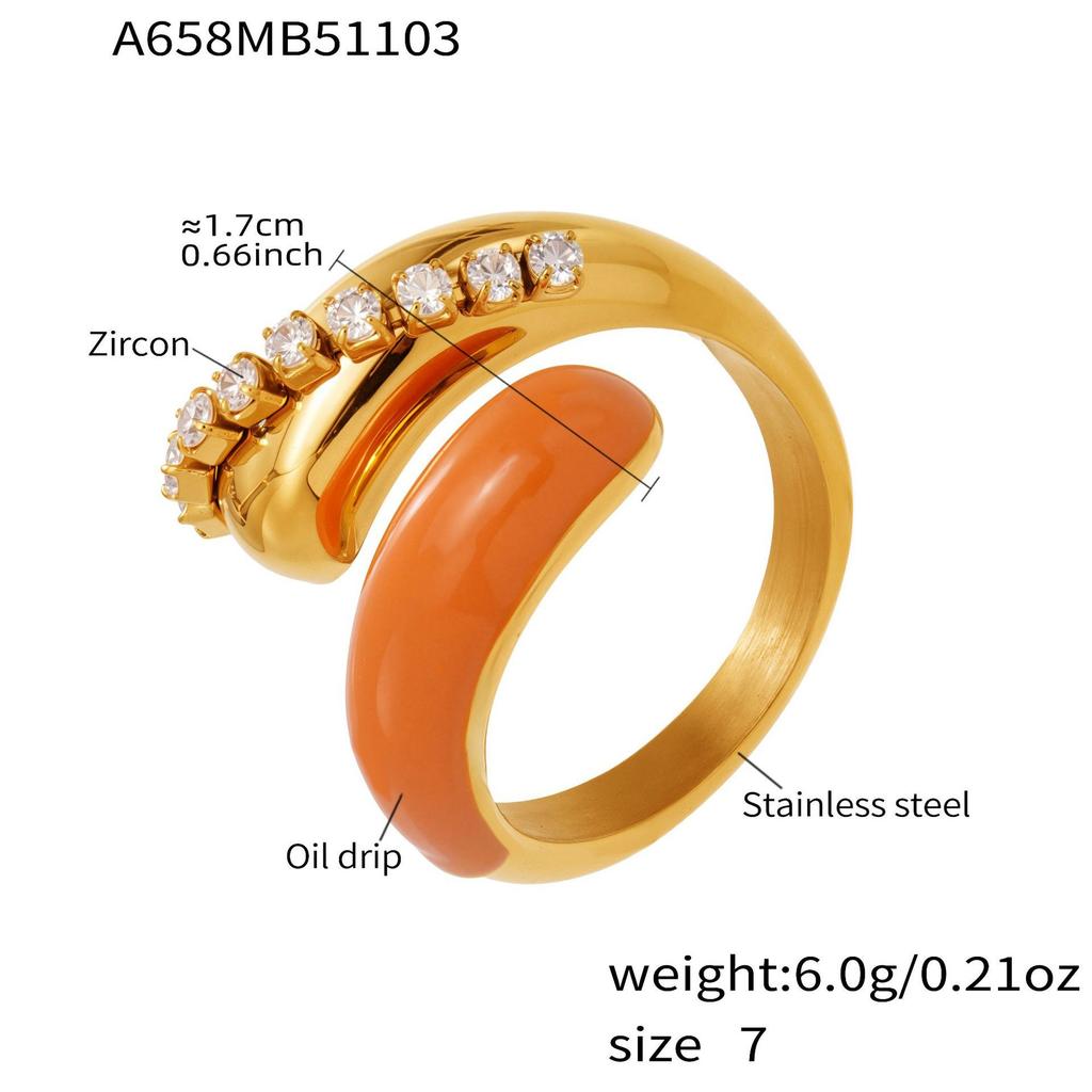 Black Orange Enamel Open Ring In Stainless Steel 18k Gold Plated Chunky Drop Rings With Shiny Zircon for Women