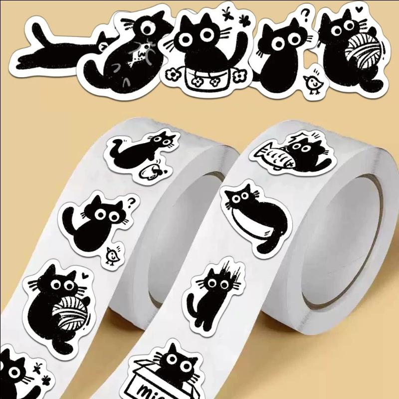 500Pcs Creative Little Black Cat Cute Cartoon Roll Stickers Decorative Water Cup Notebook Diy Stickers