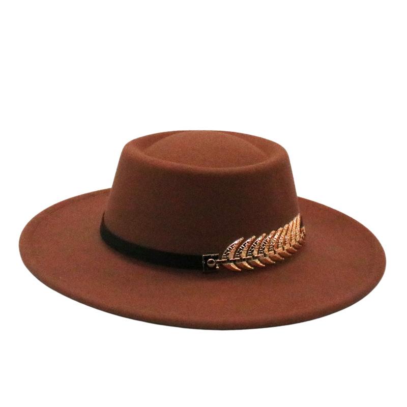 Female Autumn And Winter British Retro Top Hat Jazz Hat French Socialite Hepburn Style Belt Buckle Tweed Wide Brim Flat Top Hat