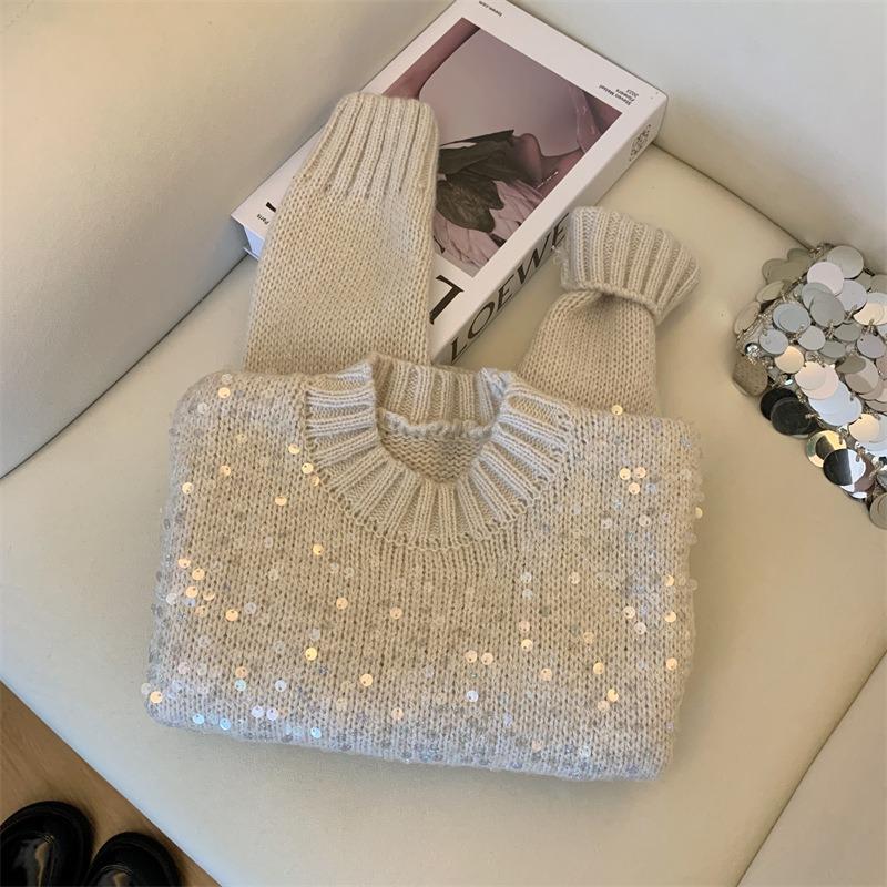 Real sequined knitted sweater top women's autumn and winter new lazy wind round neck heavy industry super good-looking short sweater