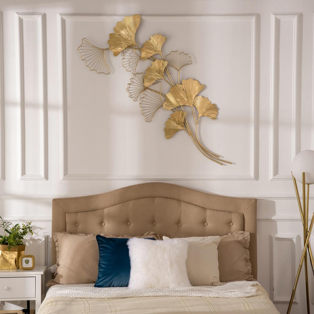 3D Metal Wall Decoration, Golden Wall Art with Ginkgo Leaves 138x70cm