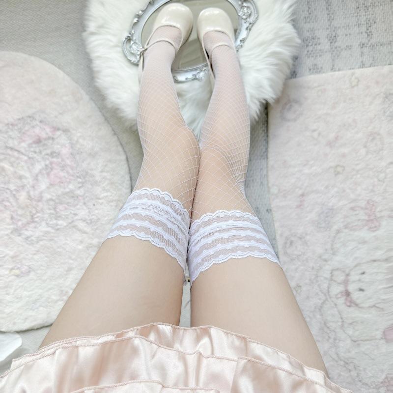 Japanese Polka Dot Lace Stockings Pure Mesh Hollow Middle Mesh Thigh Socks Dot White Knee Socks