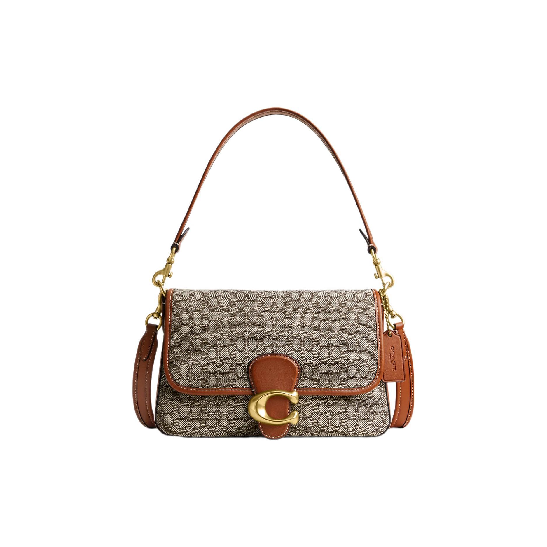 Coach Women's Gold/Brown/Gray Soft Tabby 27 Logo Flap Snap Classic Monogram Hardware Leather Saddle Bag Handbag Shoulder Bag Large Handbag Cm536-B4ta7