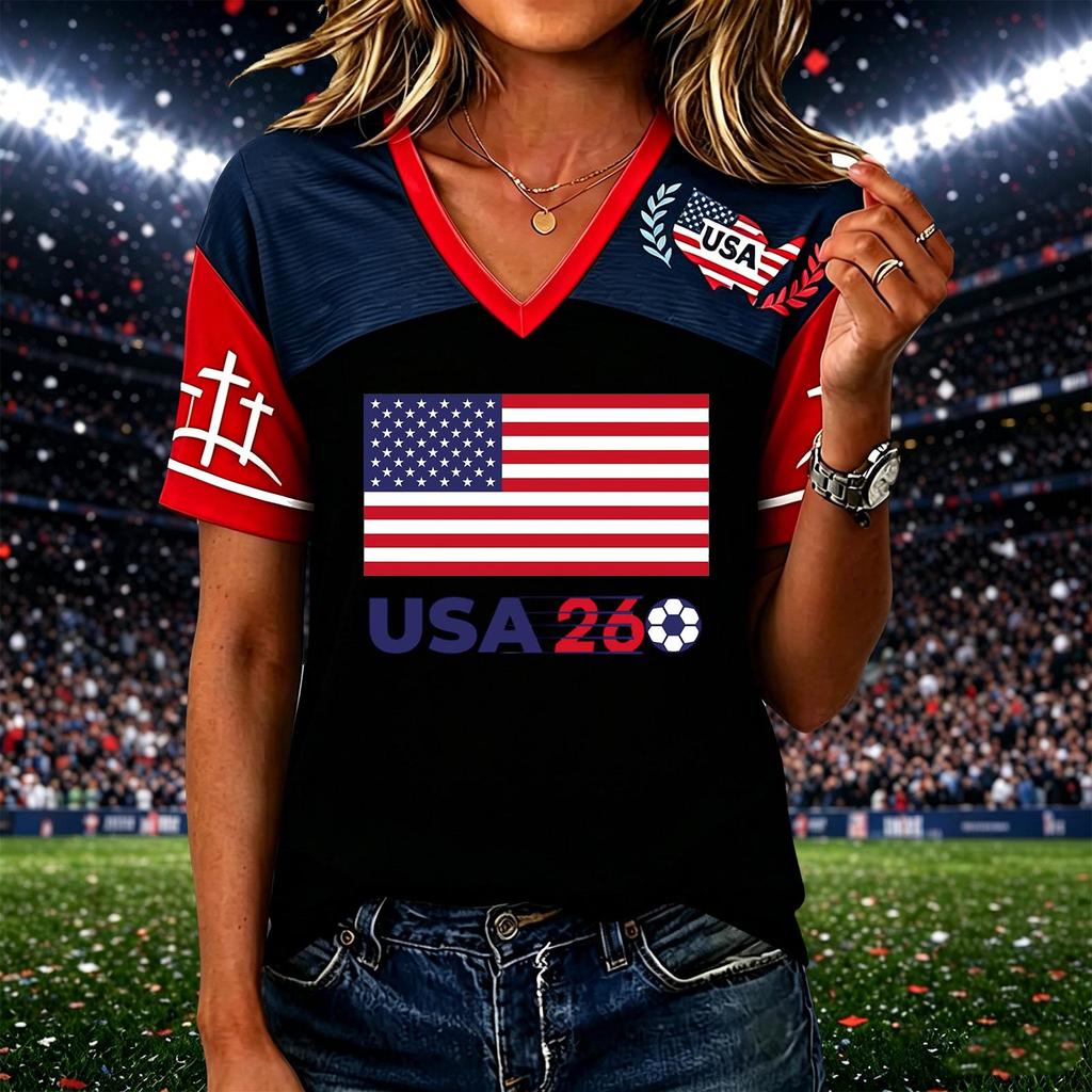 Womens Casual Short Sleeve Soccer Print V Neck Pullover Top Lightweight Breathable Soft Fabric Comfortable Fit