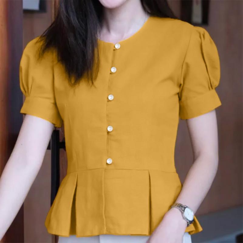 

ZANZEA Women Casual Round Neck Summer Short Sleeve Plain Blouse L жёлтый