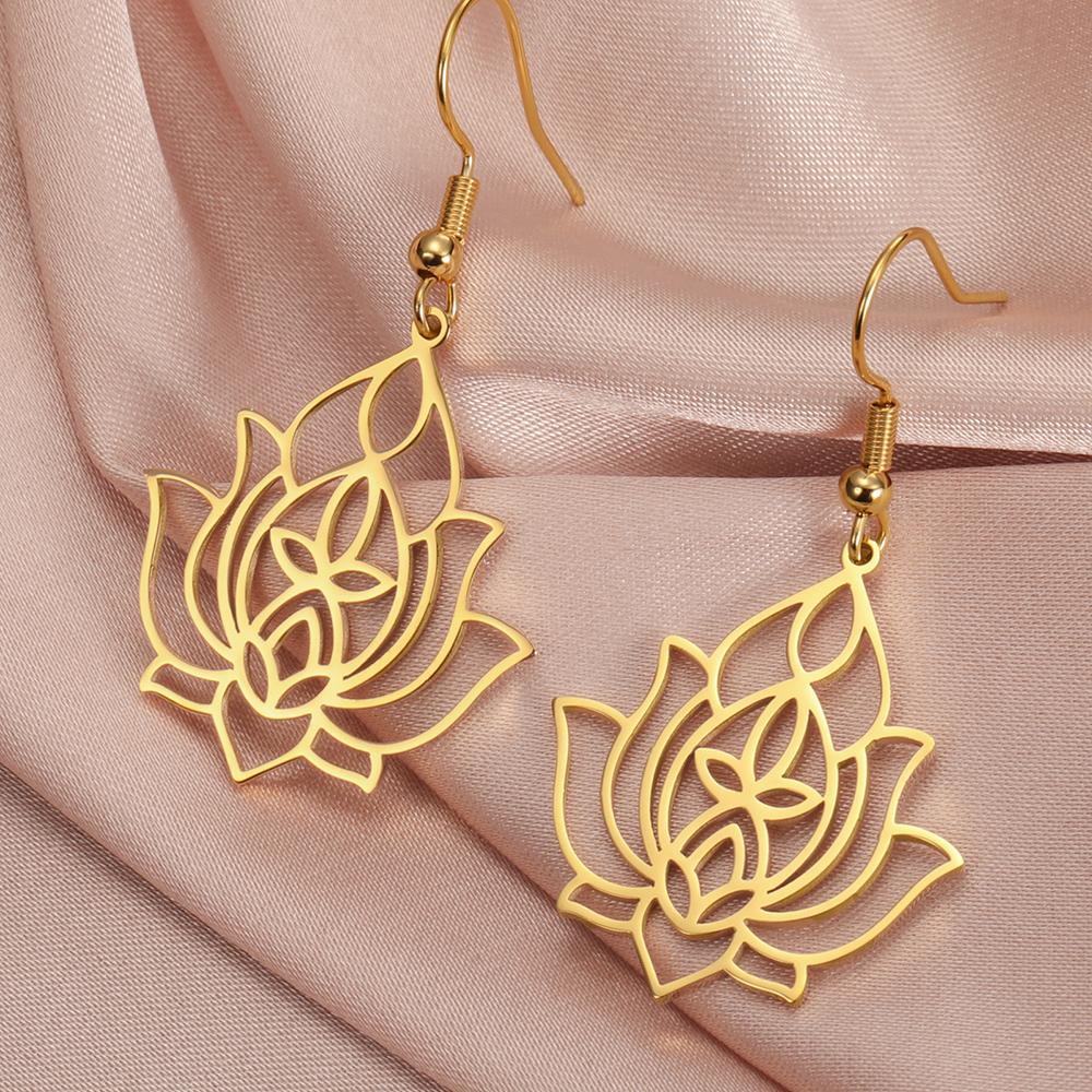Dawapara Lotus Flower Dangle Earrings for Women Stainless Steel Round Flower Charm Yoga Jewelry Buddhist Spiritual Amulet