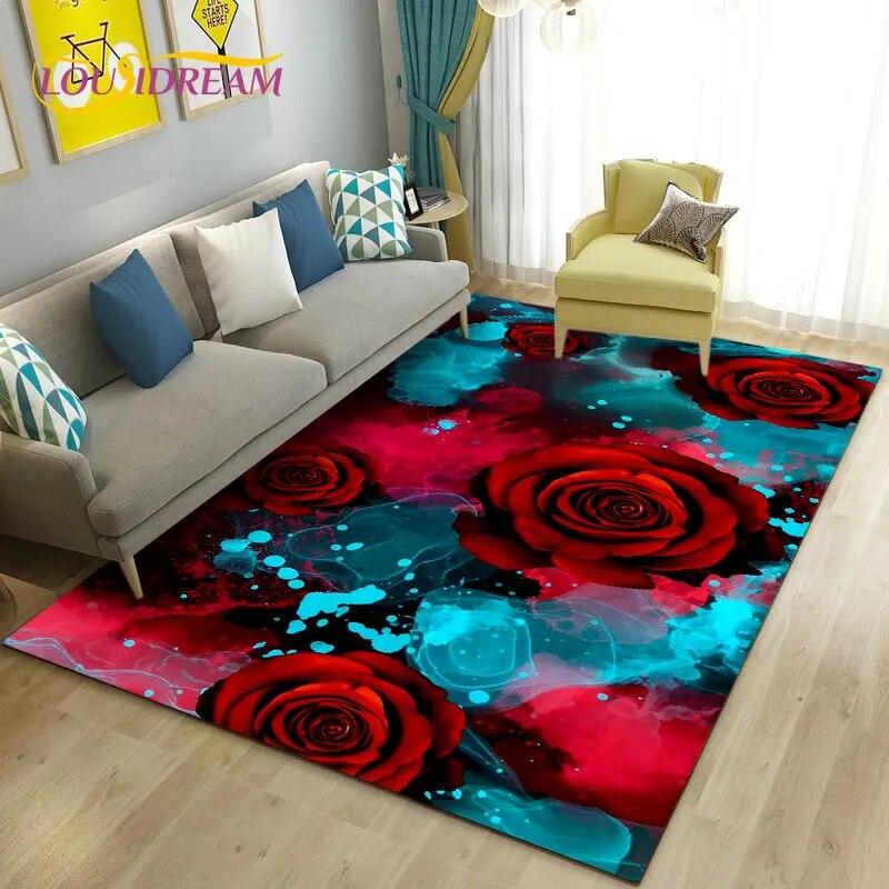European Luxury Flower Rose Leaf Area Rug,Carpet Rug for Living Room Bedroom Sofa Doormat Decoration,Kitchen Non-slip Floor Mat