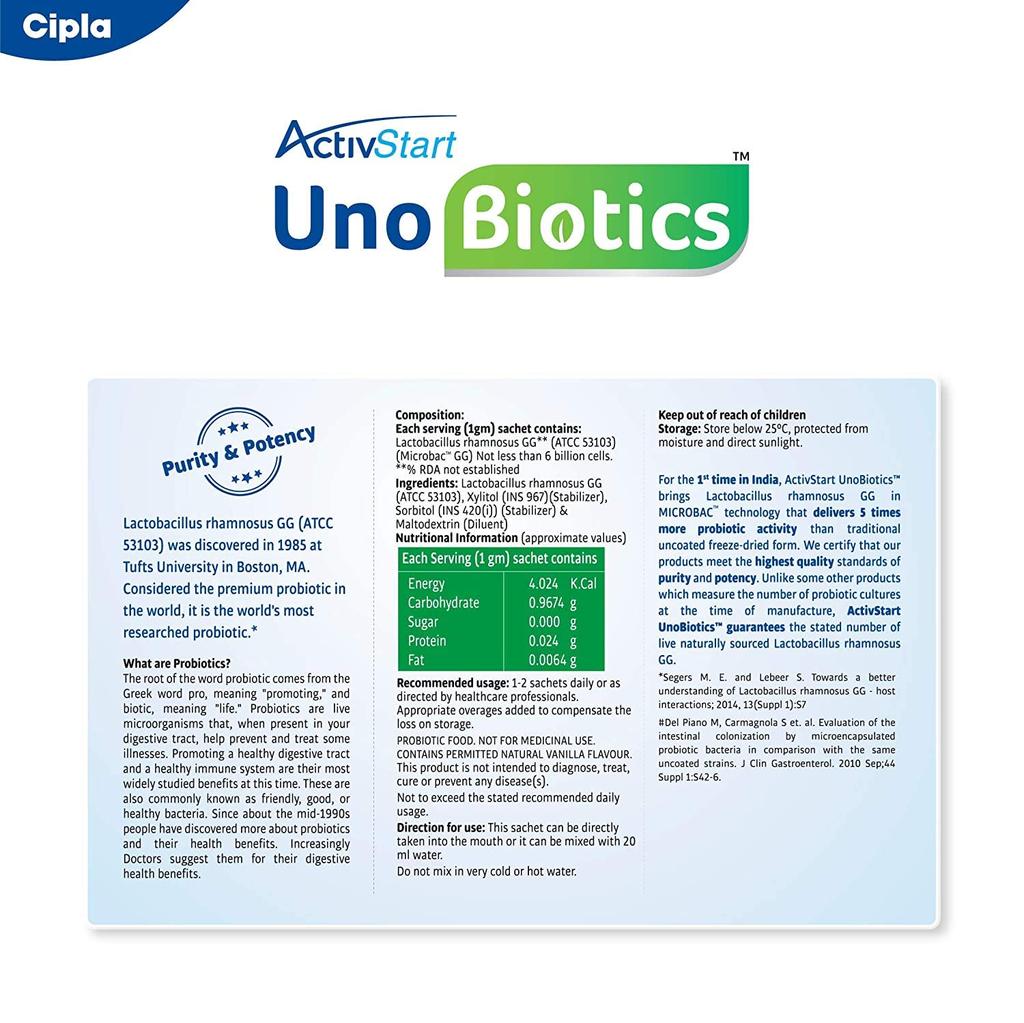 Cipla Activstart Unobiotics Probiotics for Adults 10 Sachets Boost Gut Health and Immunity