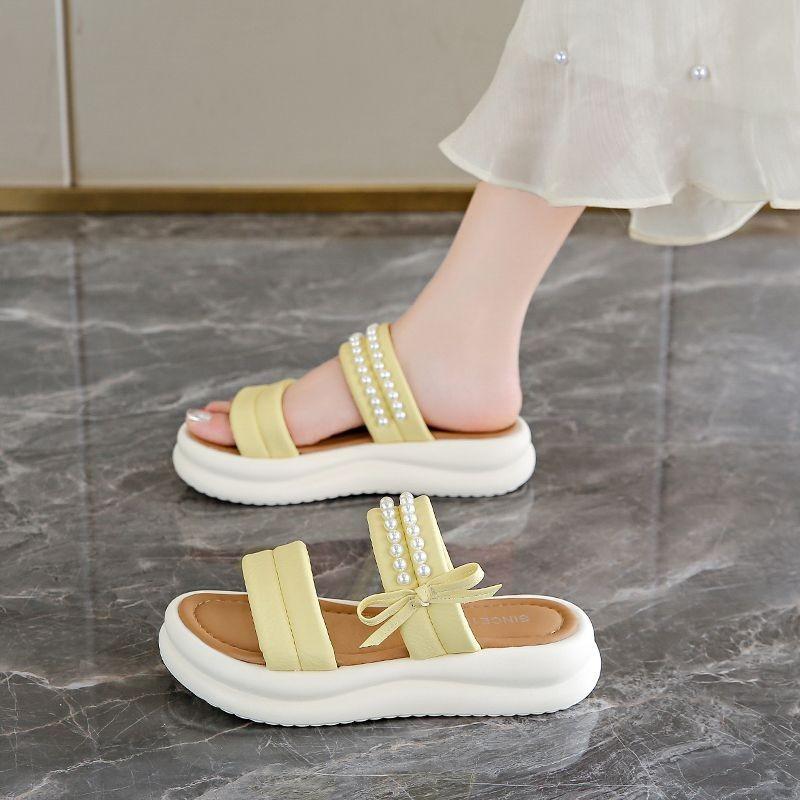 Bow open-toed thick-bottomed cool slippers for women's summer new muffin bottom casual pearl beach cool slippers for women