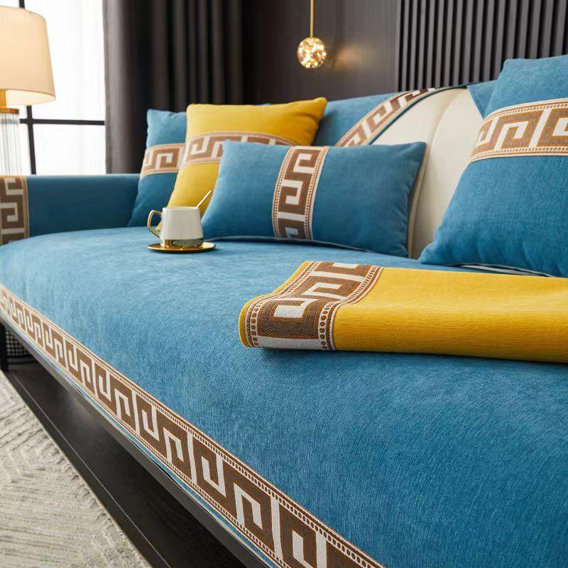 Luxusní přehoz na pohovku s oblačným vzorem, zlatý okraj, čínská jednobarevná zahuštěná žinylková potah na pohovku, protiskluzové potahy na gauč do obývacího pokoje