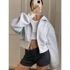 Women Short Zip Up Hooded Cardigan Batwing Sleeve Loose Streetwear Solid Color