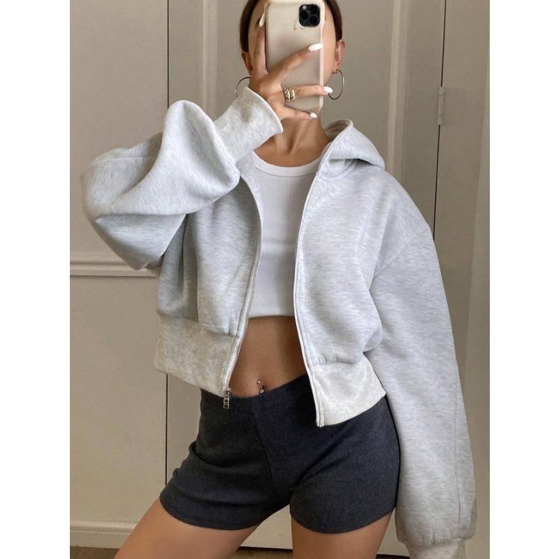 Women Short Zip Up Hooded Cardigan Batwing Sleeve Loose Streetwear Solid Color