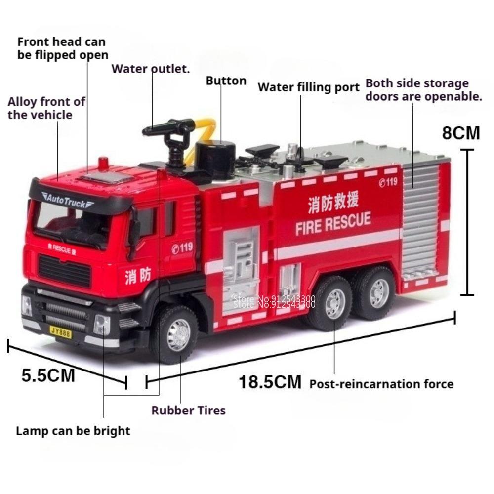 1:50 Smoke Exhaust Fire Truck Water Tank Car Model Toy Doors Opened Pull Back Models Sound Light Cars for Boys Festival Gifts