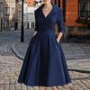 Women's Lapel V Neck Work Dress Long Sleeve A Line Swing Dress Formal Business Office Midi Blazer Dress