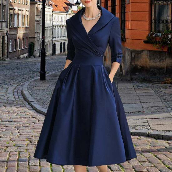 Women's Lapel V Neck Work Dress Long Sleeve A Line Swing Dress Formal Business Office Midi Blazer Dress