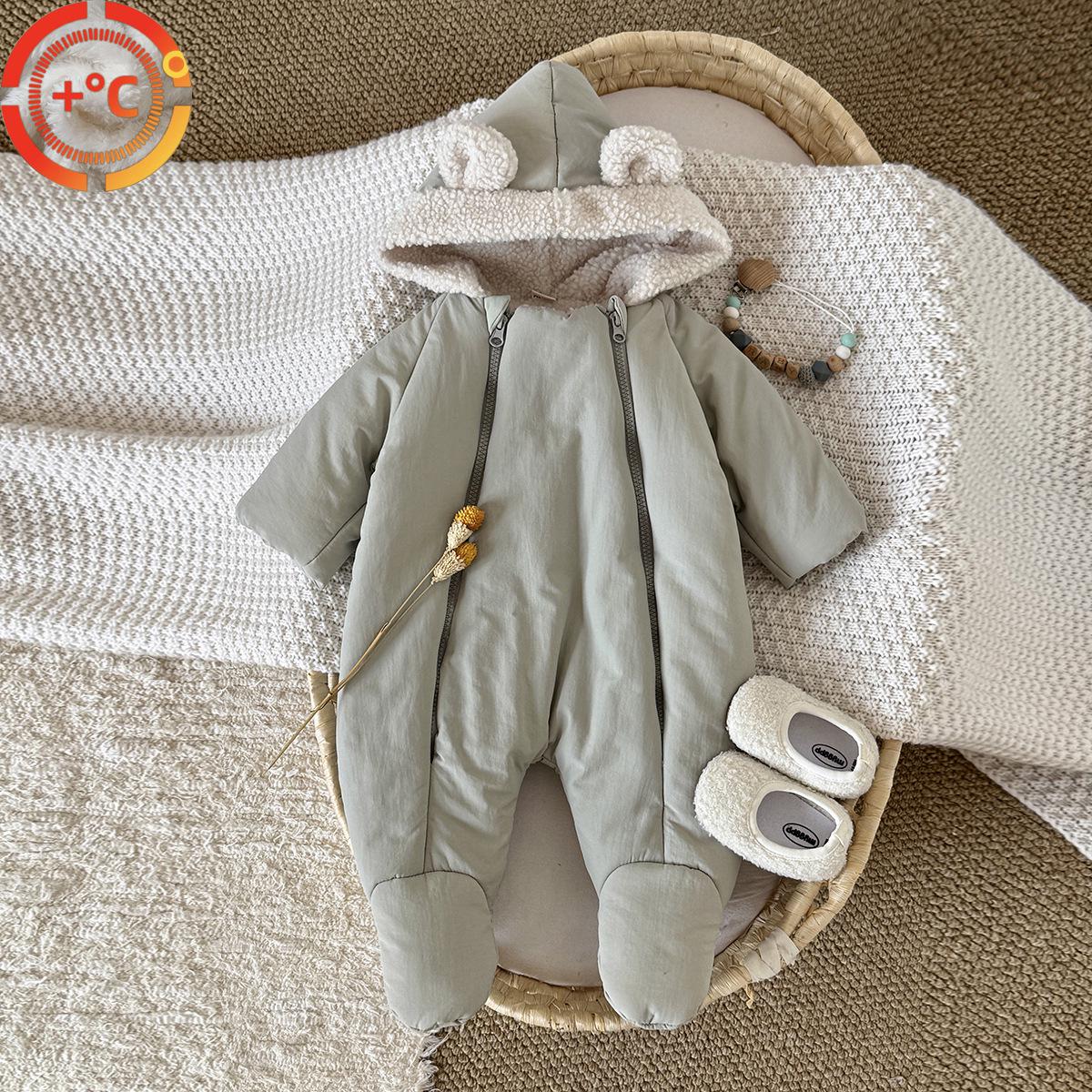 

Baby Unisex Velvet Warm Hooded Bodysuit - Long Sleeve, Ears, Autumn/Winter One-Piece 1-3 Months