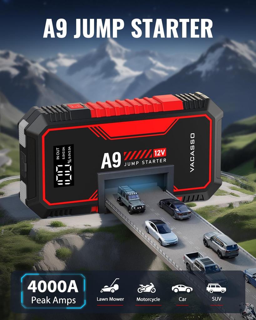 Jump Starter 4000A, 12V Portable Car Battery Booster with USB, LED Light, Jumper Cables, Storage Case