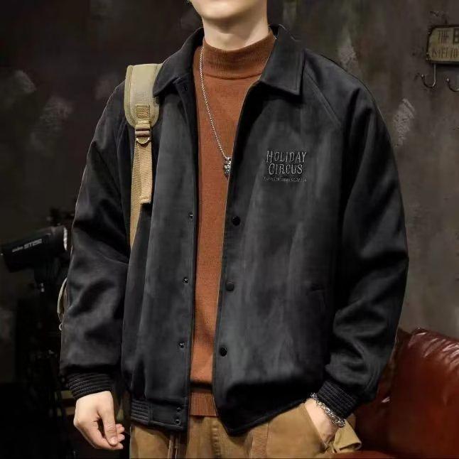 Men's Suede Plush Lapel Baseball Jacket - Retro American Casual Plus Size Outerwear for Spring and Autumn