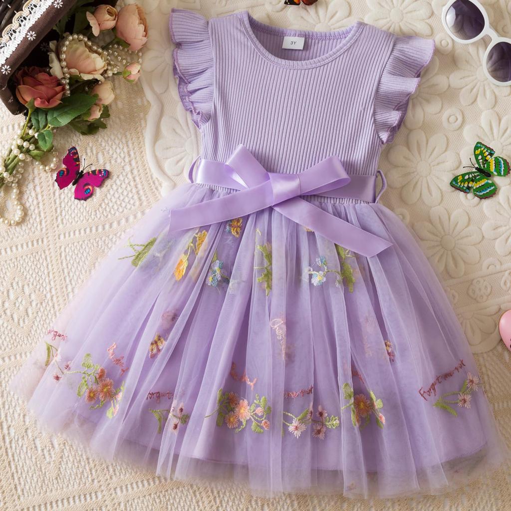 Girls Fashion Flower Embroidery Mesh Bow Sweet Children Princess Dress Puffy Dresses