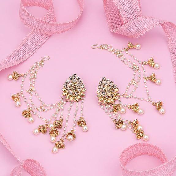 Traditional Brass Gold Plated Wedding Jewellery Bahubali Inspired Long Chain Jhumki Earrings for Women