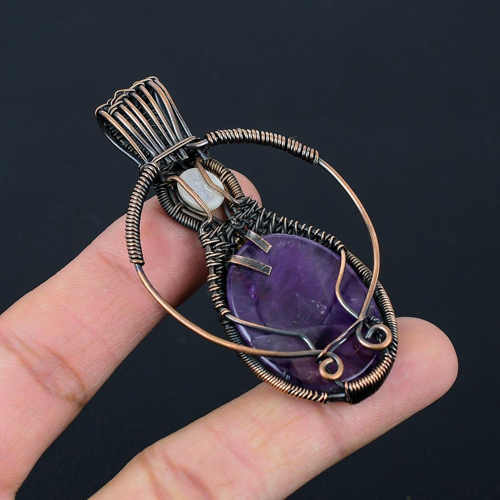 Amethyst & Mondstein Edelstein Handgefertigt Kupferdraht Wickel Schmuck Anhänger Für Frauen
