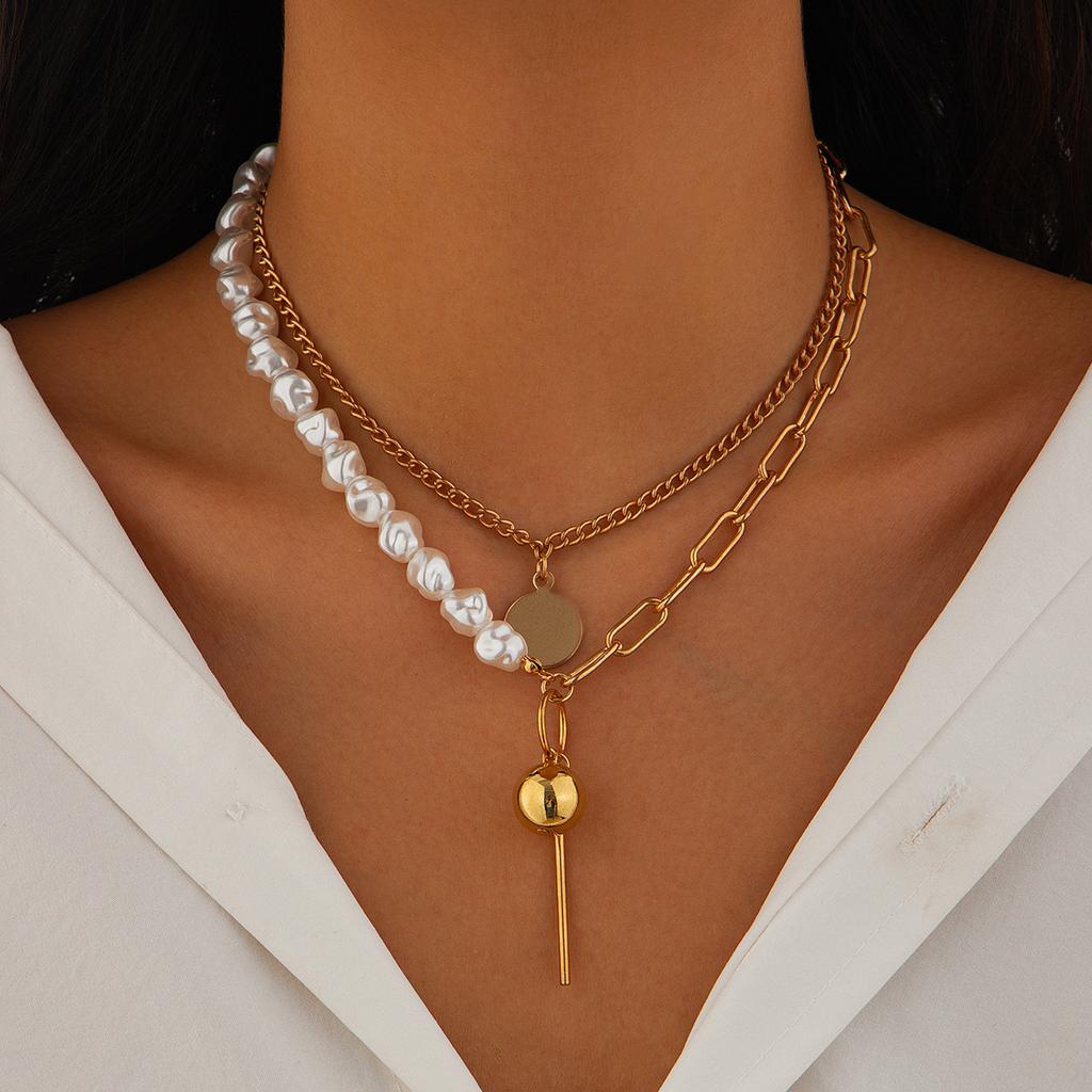 Personalized Fashion Style Geometric Pendant Necklace, Special-shaped Imitation Pearl Irregular Multi-layer Stacking Necklace