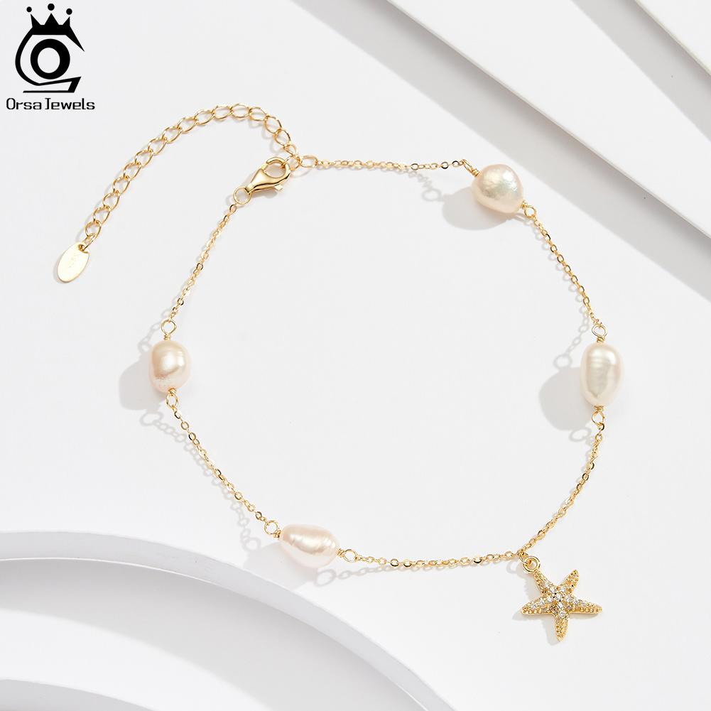 ORSA JEWELS Natural Freshwater Pearl and Starfish 925 Silver Chain Ankelt for Women Summer Holiday Anklets Jewelry SA74