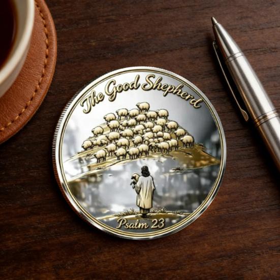 Thou Art with Me Faith Commemorative Coin Jesus The Good Shepherd Protecting Lamb from Wolves Pocket Token Psalm 23:4 Faith Challenge Coin Religious