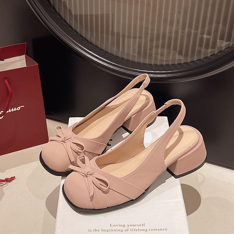 Summer 2025 New Sweet Small Square Head Thick Heel Bow Bag Head Sandals Femininity Rear Strap Women's Shoes