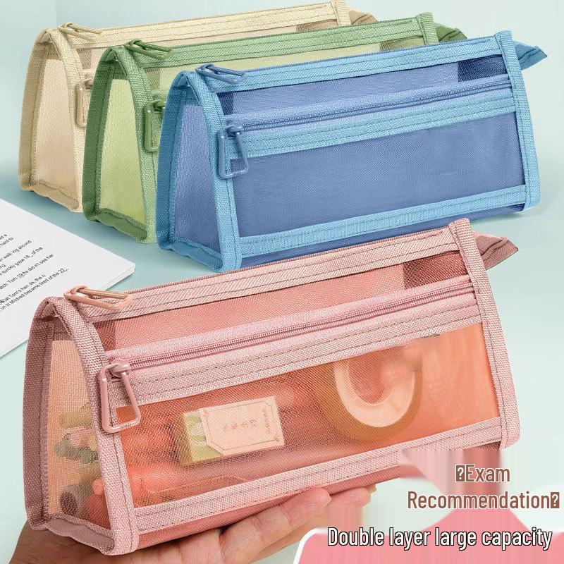 Dual-Layer Mesh Pencil Case: Large Capacity Stationery Bag for Exams and Elementary Students